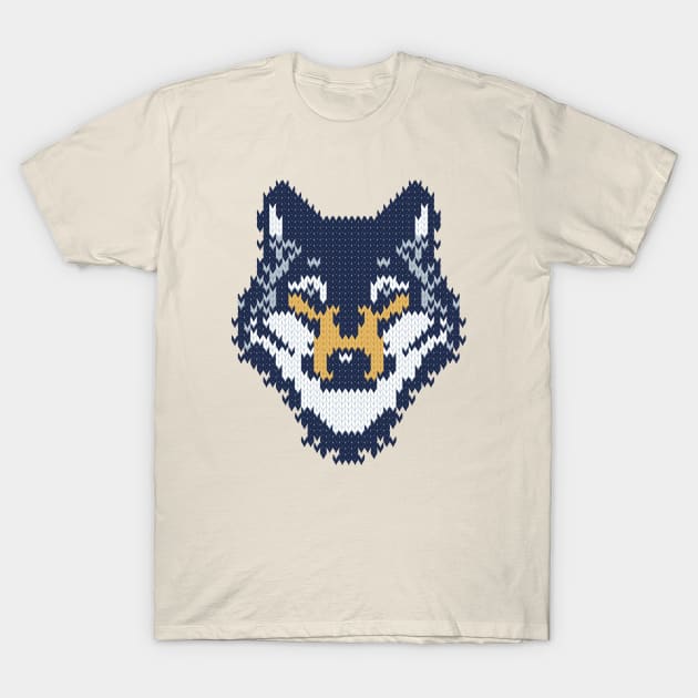 Fair isle knitting grey wolf // spot illustration // navy blue grey and yellow wolf T-Shirt by SelmaCardoso